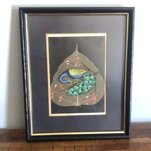 Vintage Peepal Pipal Leaf Skeleton Hand Painted Peacock Framed Artwork